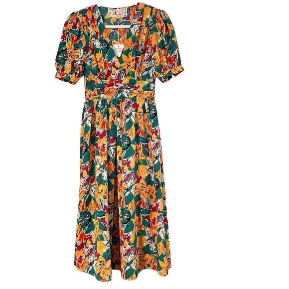 NWT Pink Martini Multicolor Floral V-neck Puff Sleeved Midi Dress - Picture 1 of 12